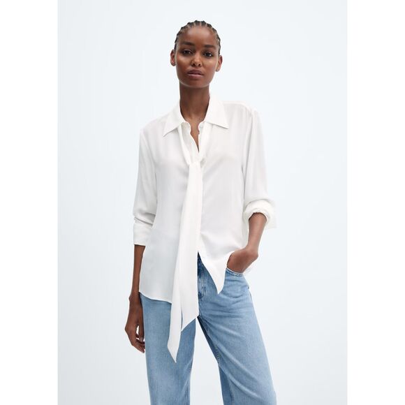 Mango White Button Down Shirt with Tie Neck, size 8 - Picture 1 of 12